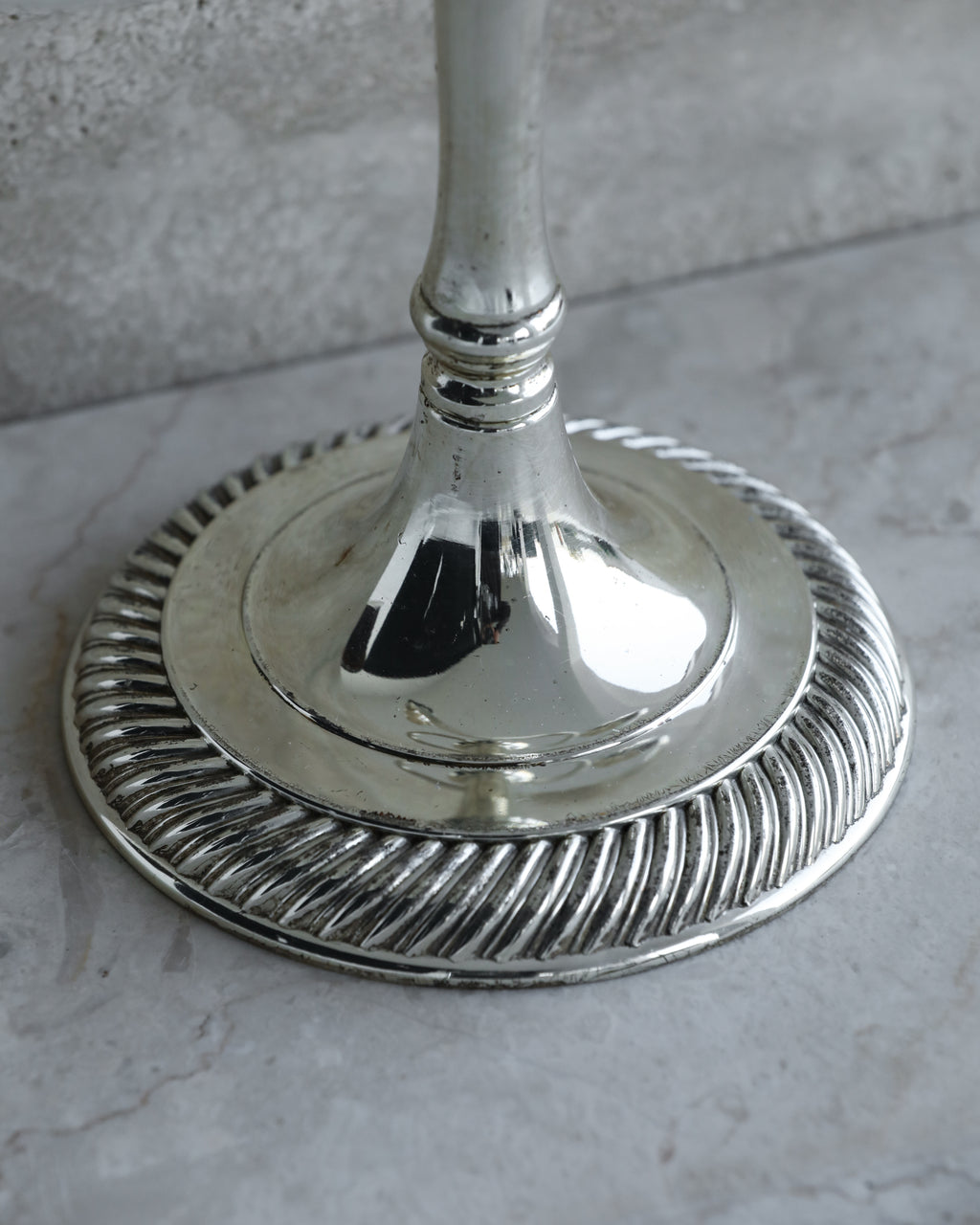 Weighted ridged base of vintage Italian silver plated three arm candelabra