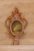 Antique Italian portrait frame in lilac and gold baroque design with Victorian child miniature painting