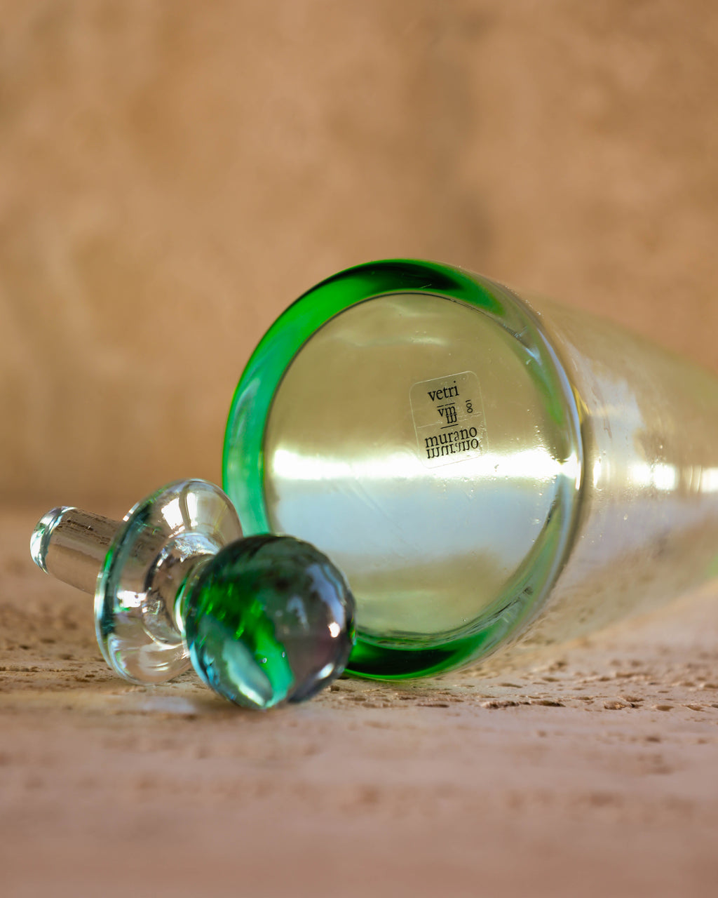 Bottom view of vintage Carlo Moretti Murano bottle showing Vetri Murano authenticity label