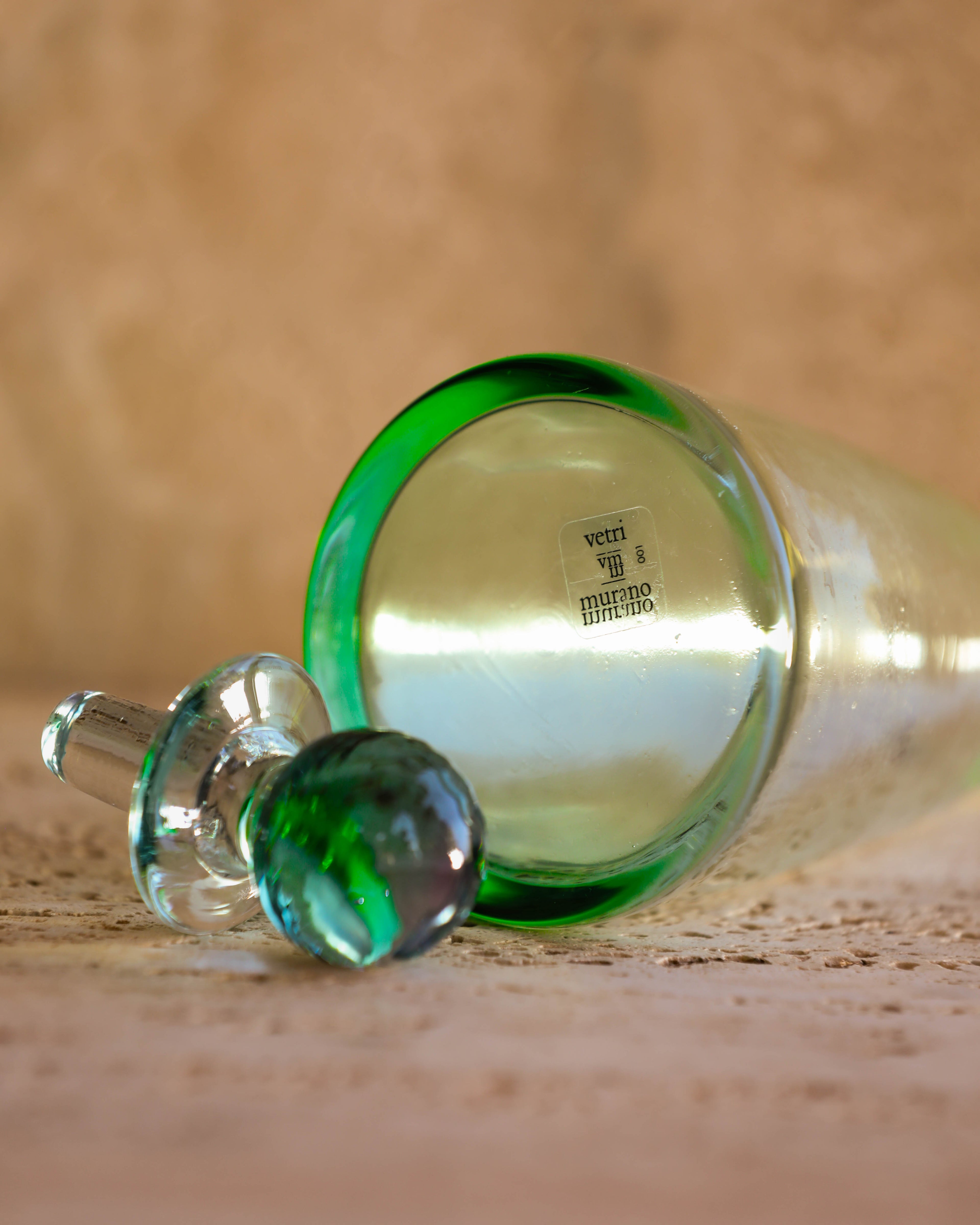 Bottom view of vintage Carlo Moretti Murano bottle showing Vetri Murano authenticity label