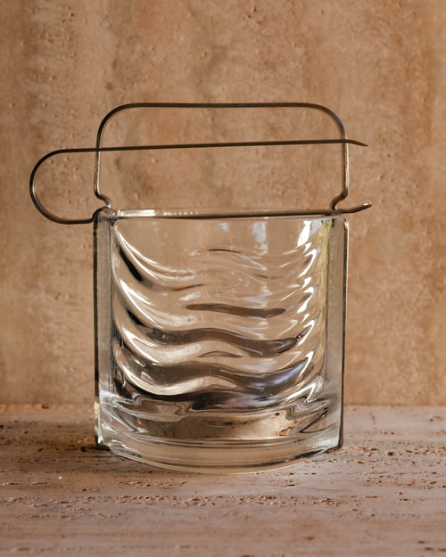 Arnolfo di Cambio Azteca ice bucket showing wave-textured crystal body and chrome handle — Fabio Frontini Italian modernist barware