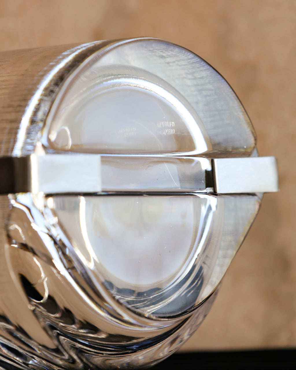 Base of Fabio Frontini Azteca ice bucket showing engraved Arnolfo di Cambio Italy signature — collectible mid-century Italian glassware