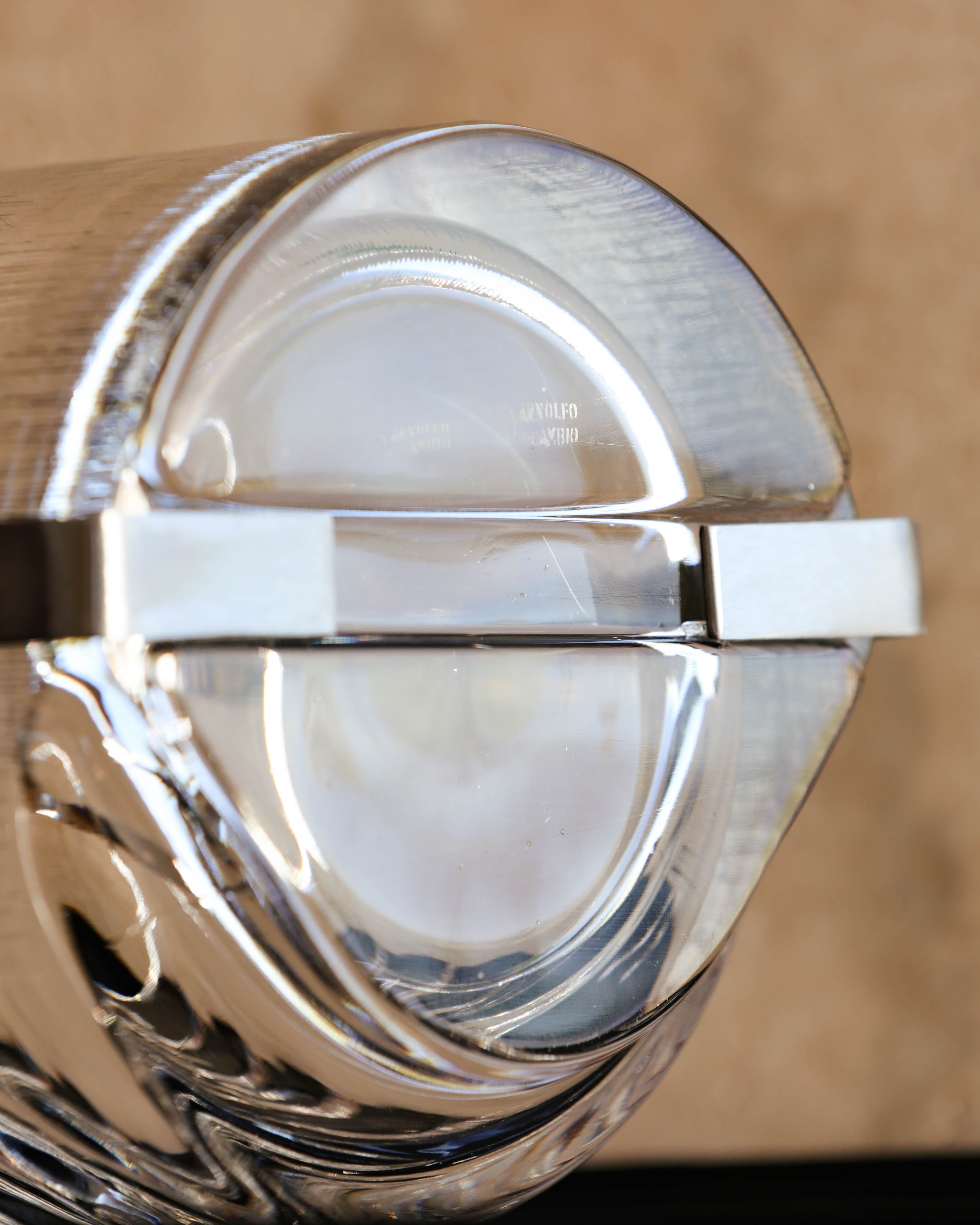Base of Fabio Frontini Azteca ice bucket showing engraved Arnolfo di Cambio Italy signature — collectible mid-century Italian glassware