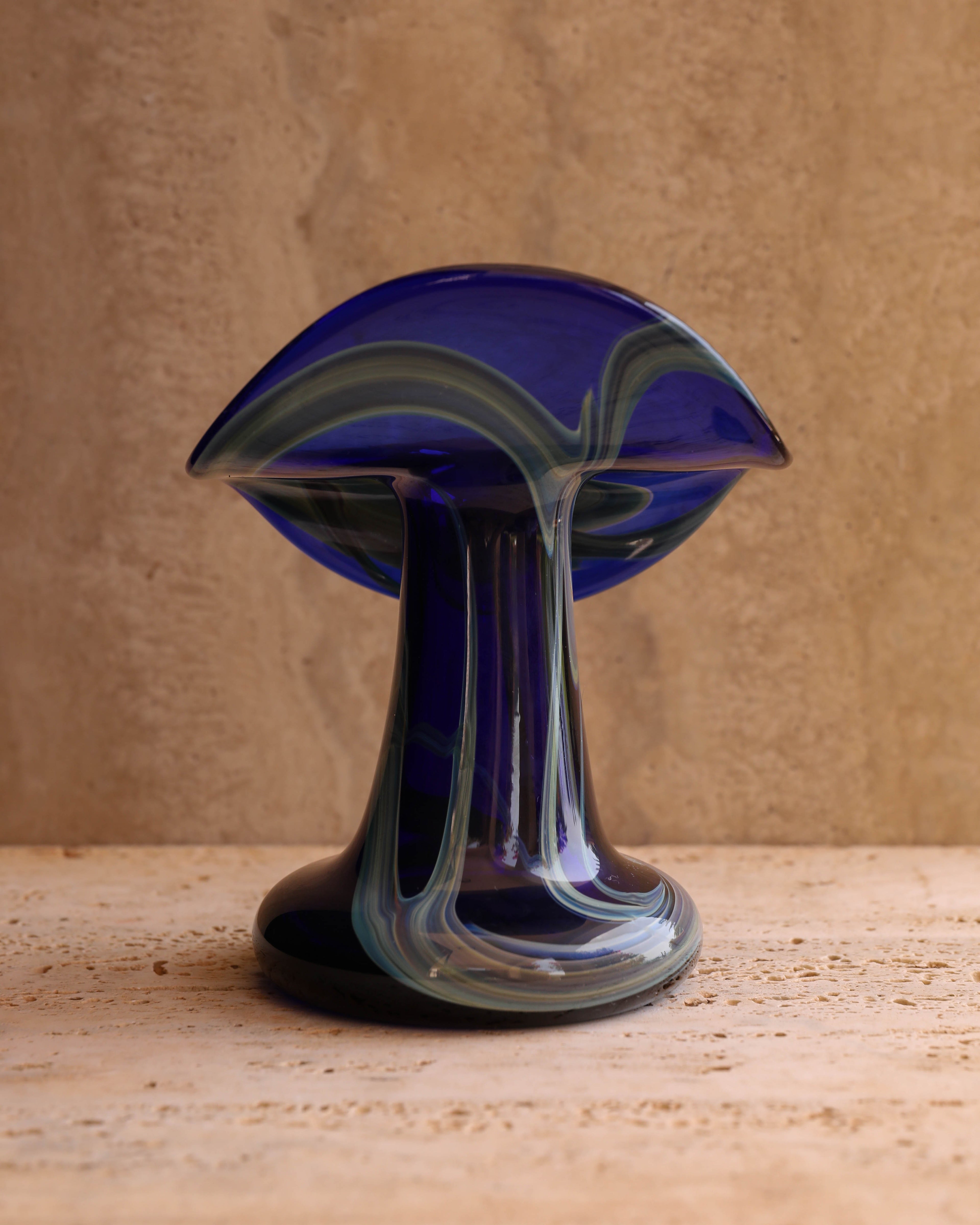 Back view of Marta Marzotto 1960s sculptural Murano glass vase in deep cobalt blue showing organic mid-century form