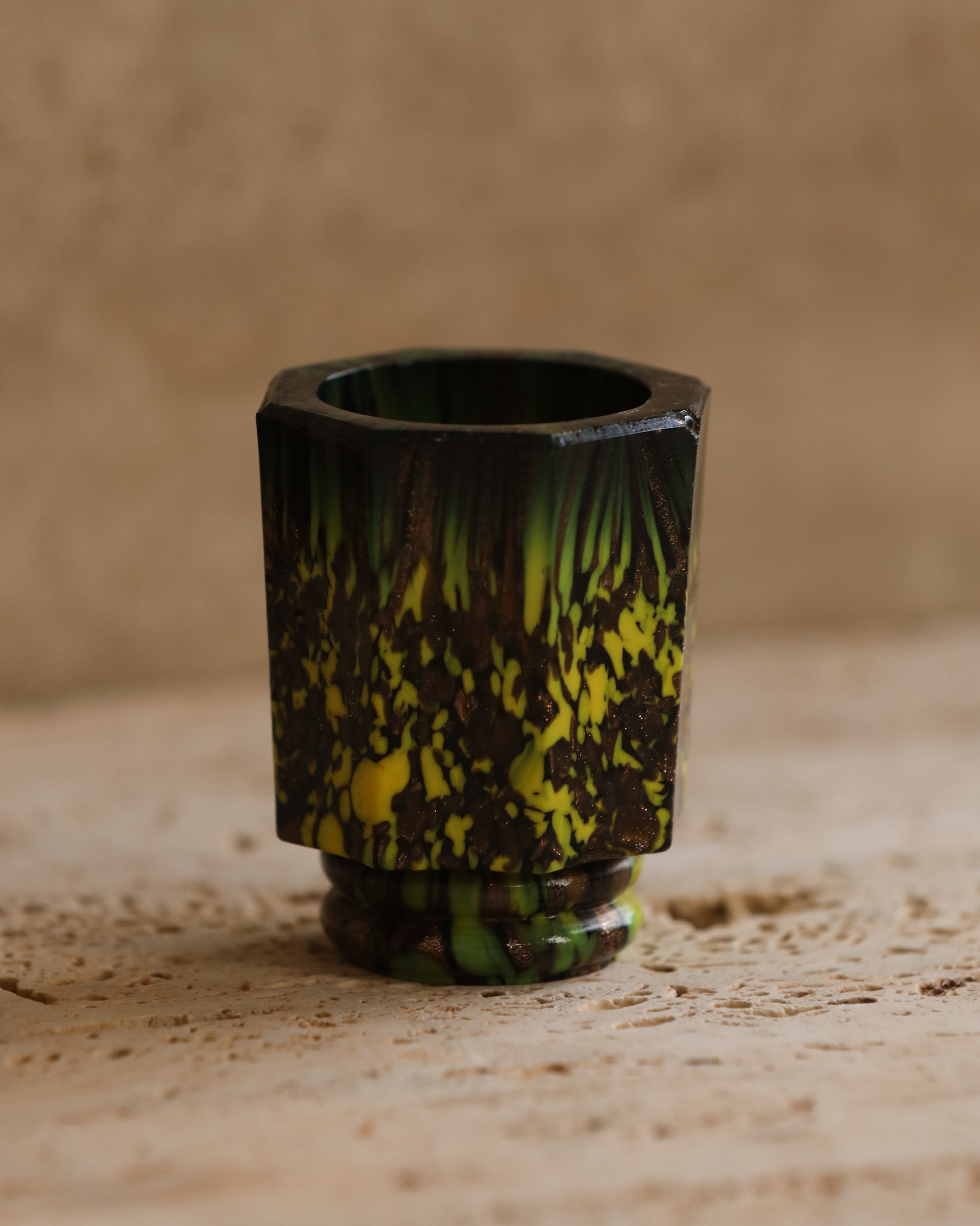 Detailed view of Murano glass shot glass base highlighting layered color and craftsmanship — mid-century Italian collectible glassware
