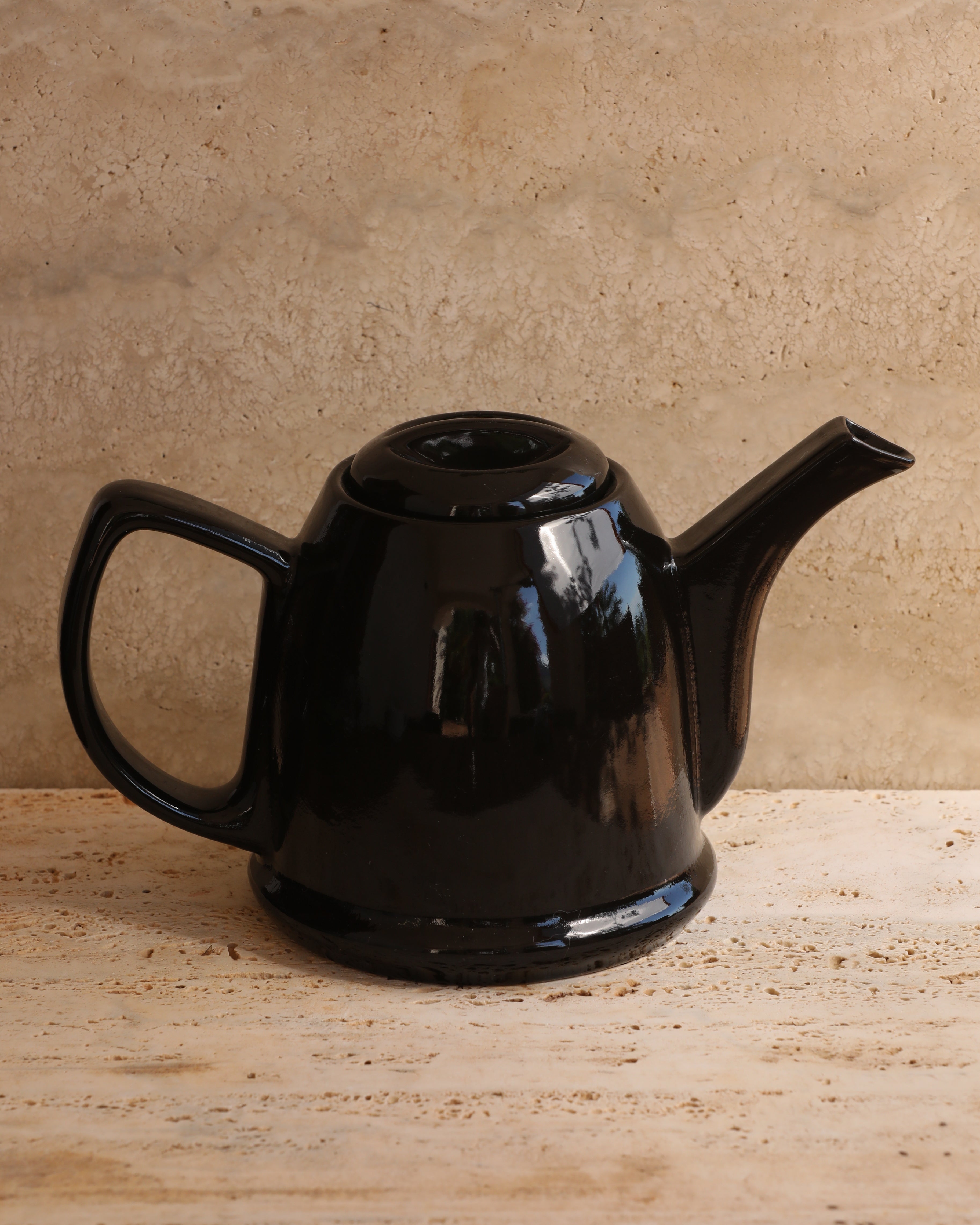 Vintage black ceramic kettle made in Portugal, mid-century modern design