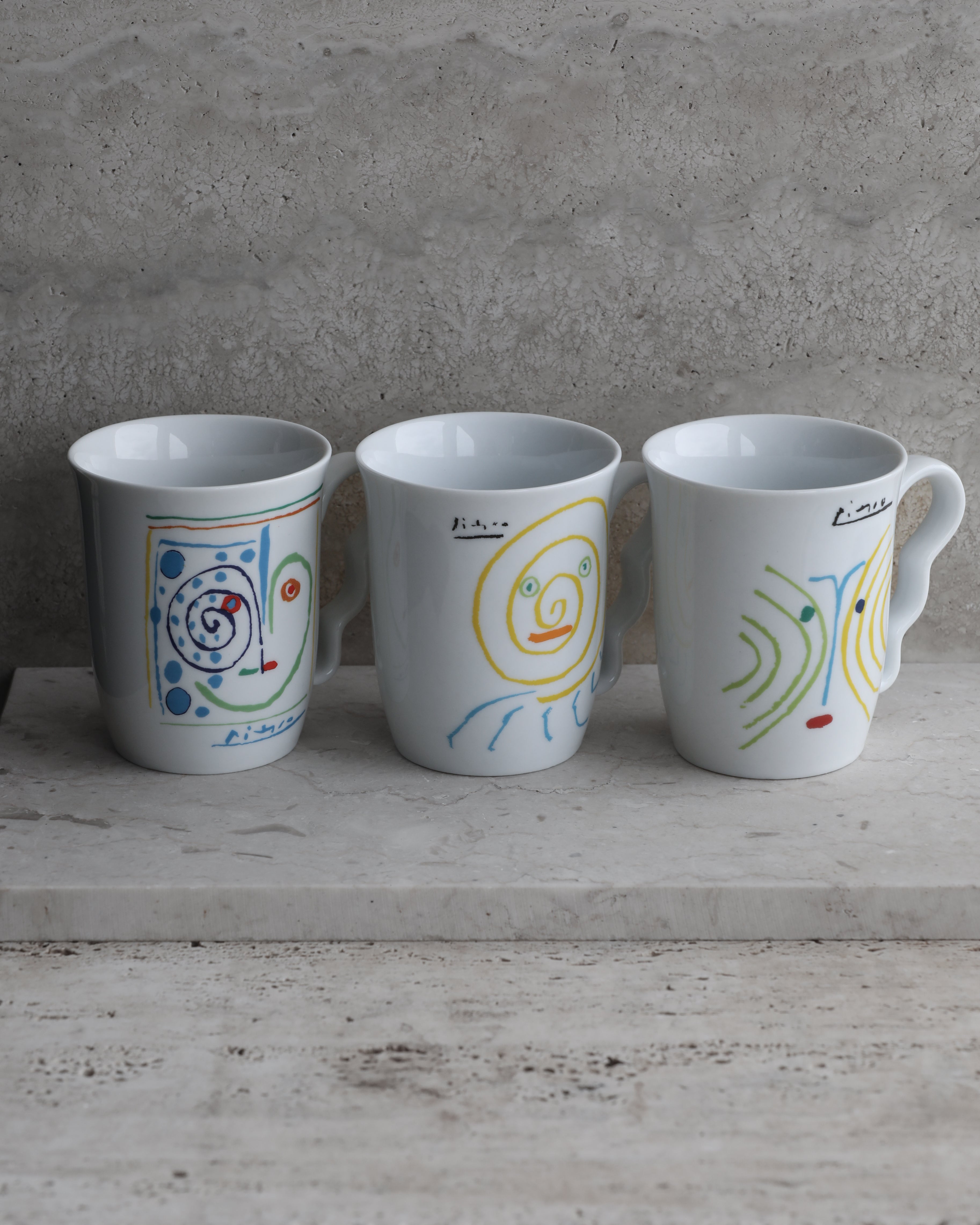 Set of three Picasso licensed porcelain mugs by Tognana, modernist art tableware
